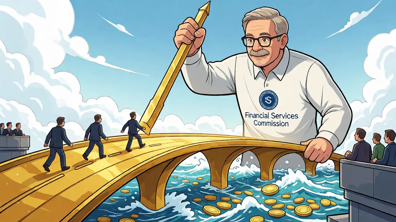 Bande dessinée art showing the FSC building a bridge for institutional crypto investors.