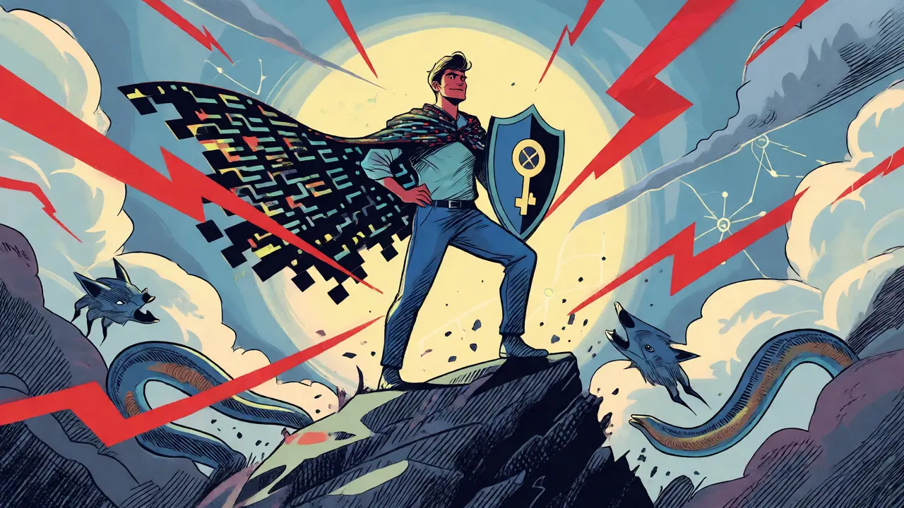 Caped trader with a key shield defending against crypto risks.