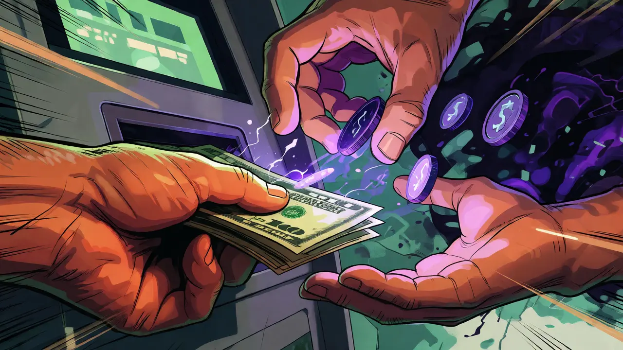 Cartoon depiction of cash turning into digital coins being snatched away by a giant hand at a crypto ATM.
