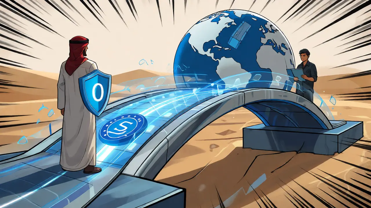 Cartoon depiction of global crypto data reporting via digital bridge concept