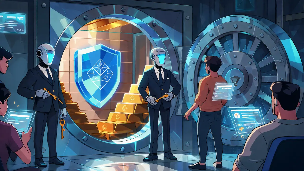 Cartoon depiction of secure institutional blockchain infrastructure and safe smart contract execution.