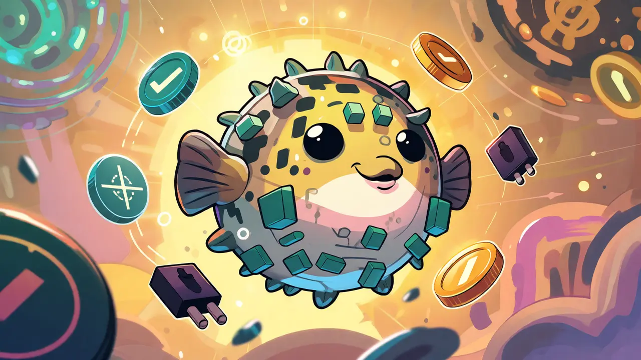 Cartoon pufferfish mascot surrounded by crypto rewards and governance icons