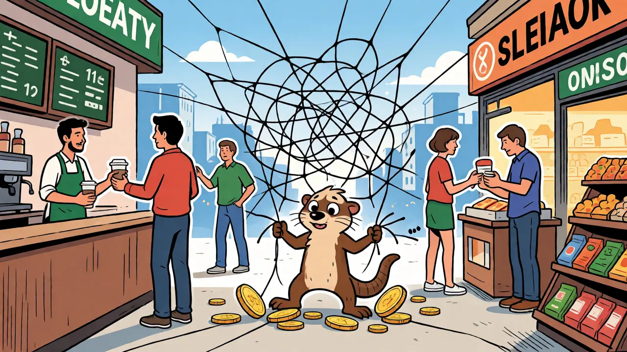 Cartoon shrew struggling to connect fragmented retail reward systems with heavy fees.