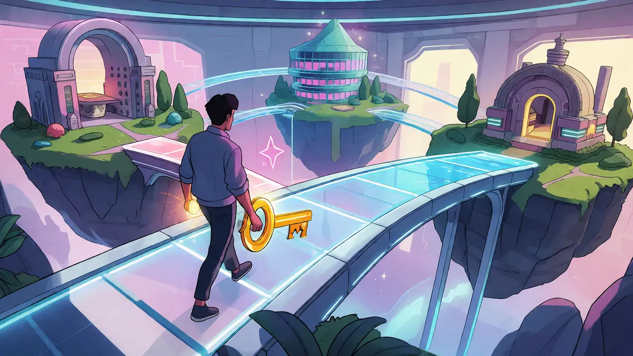 Character crossing a digital bridge between blockchains while holding a private key