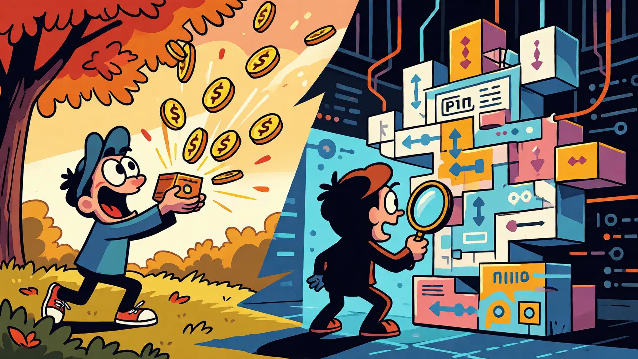 Character receiving airdrop rewards while inspecting a smart contract for risks.