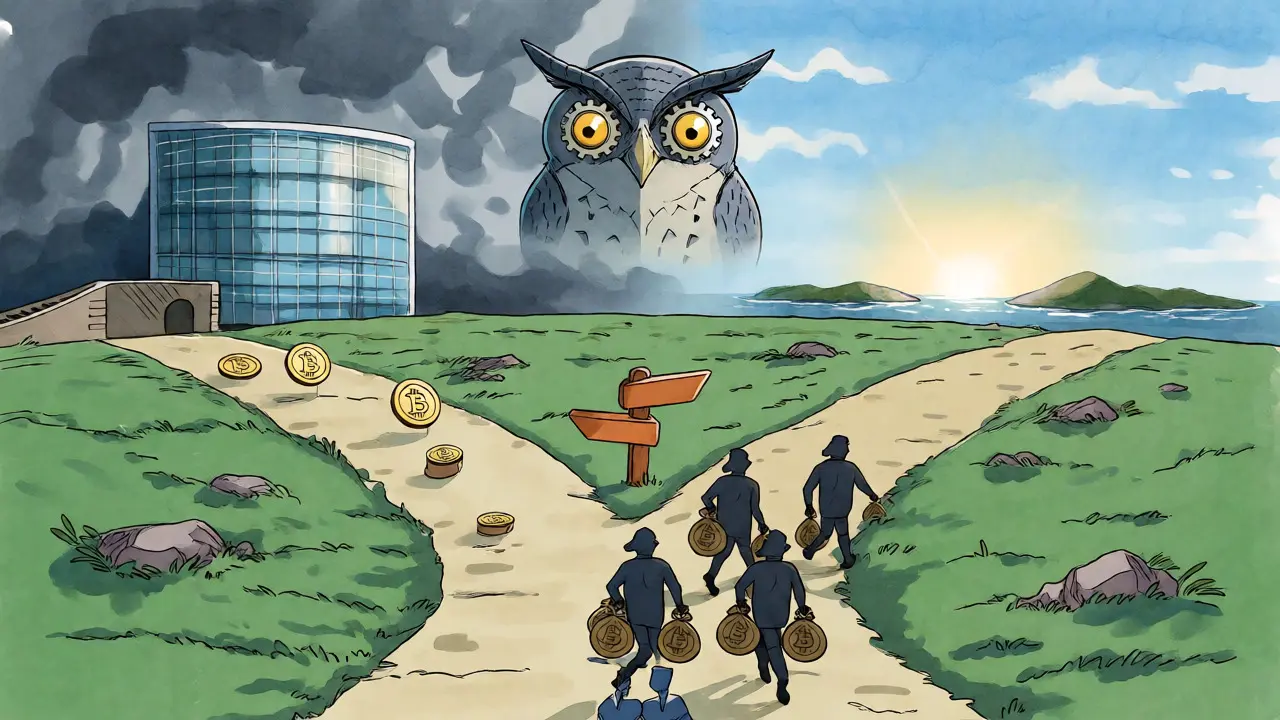 Comic illustration showing privacy coins migrating to non-EU jurisdictions