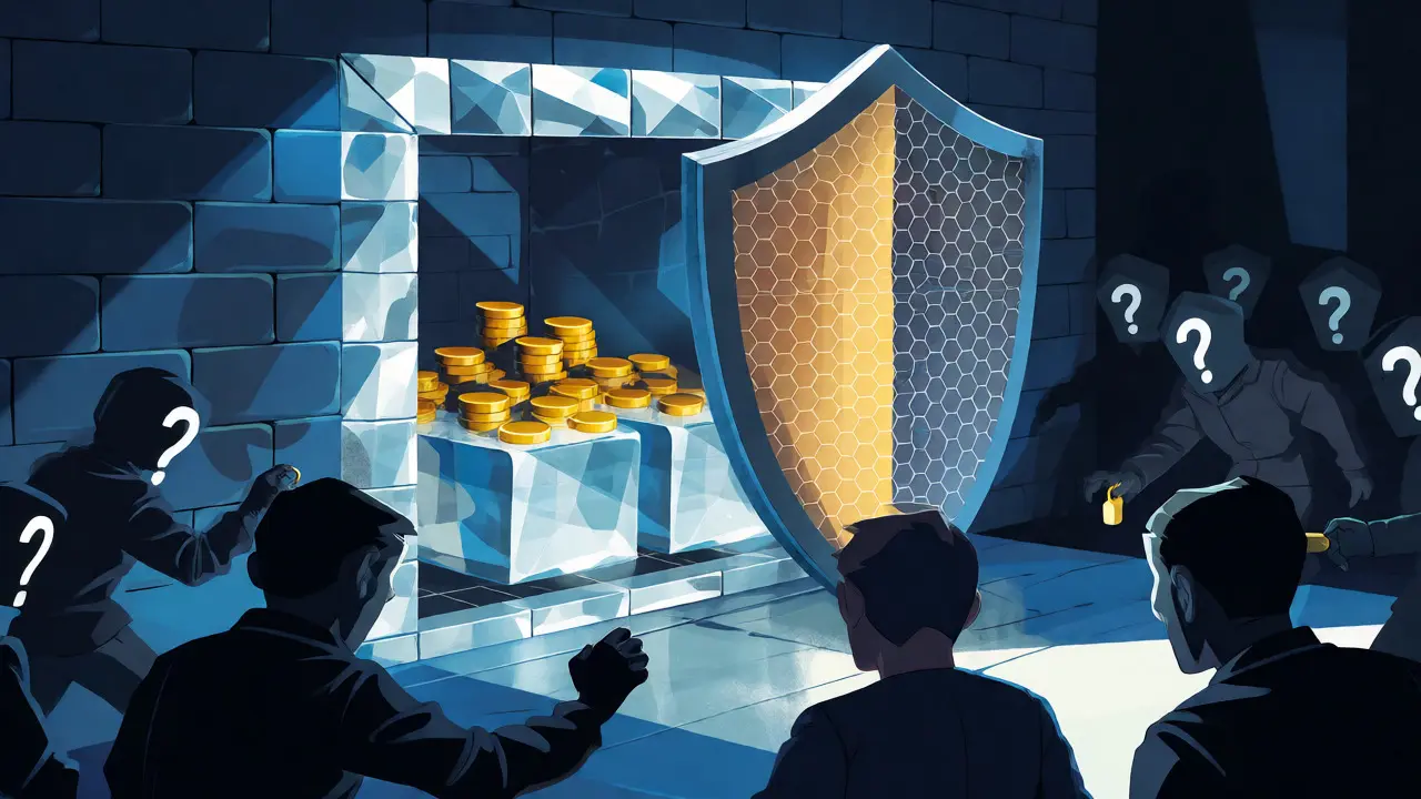 Comic-style depiction of a secure crypto vault protected by shields against hackers.