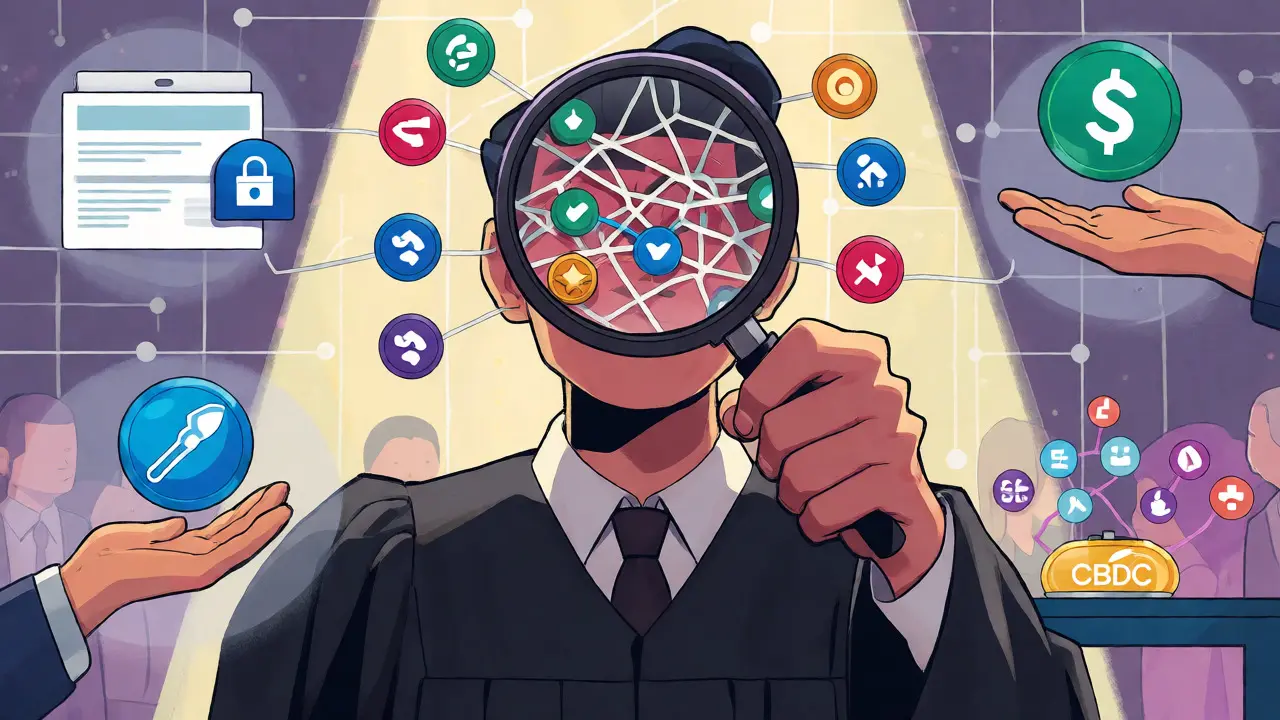 Comic-style judge targeting crypto fraud while protecting general users and regulating stablecoins.