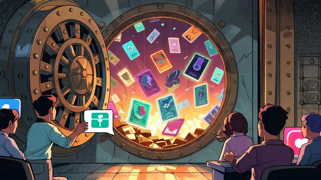 Comic style vault opening to reveal 88 TrillioHeirs NFTs for a CoinMarketCap airdrop campaign.