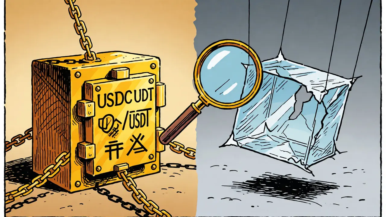 Comparison between a solid gold vault and a fragile glass structure in mid-air.