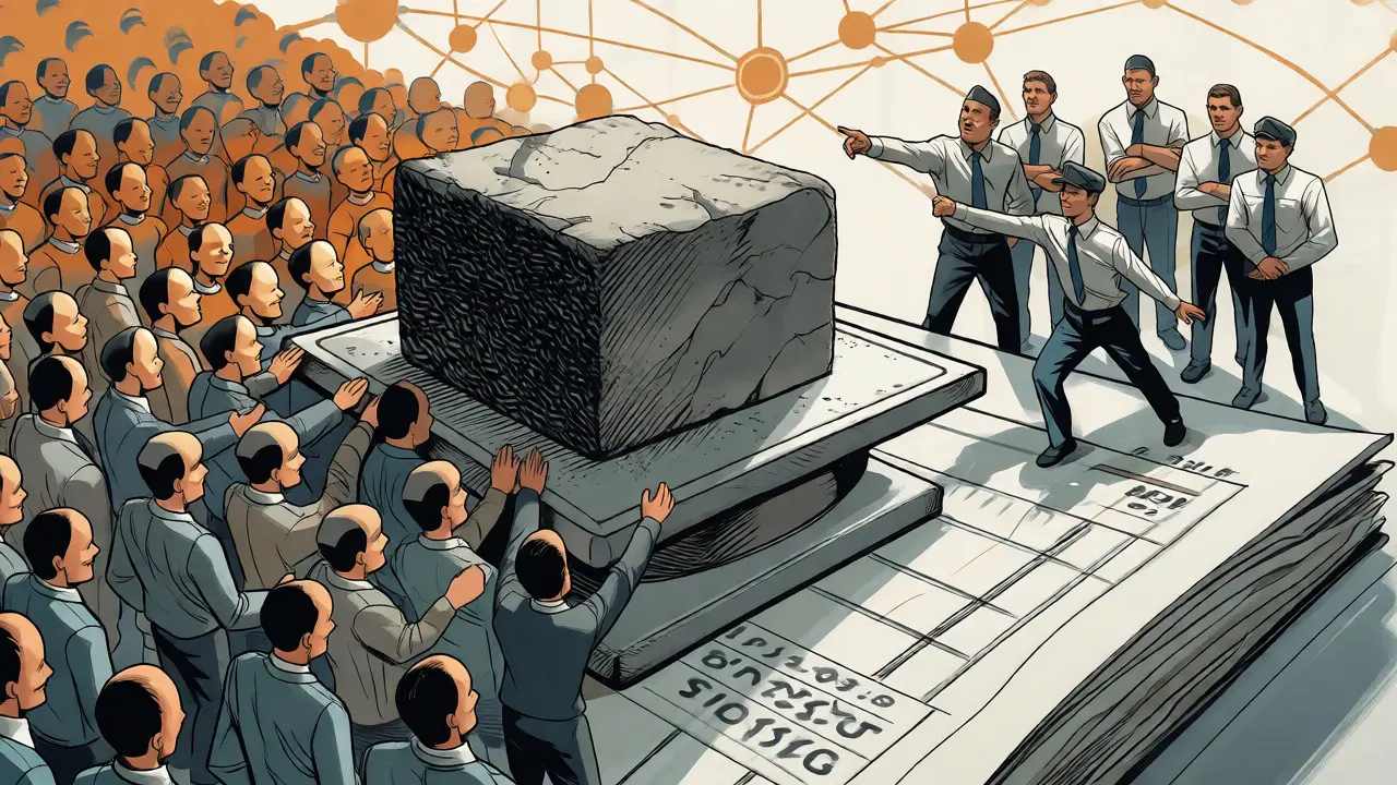 Crowd struggling to move a block while admins lift it easily.