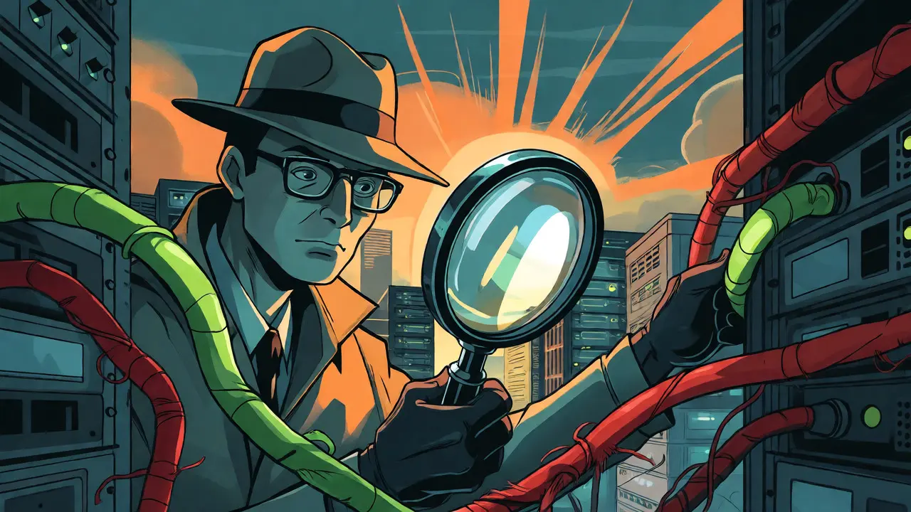 Detective examining digital infrastructure wires with a magnifying glass for risks.