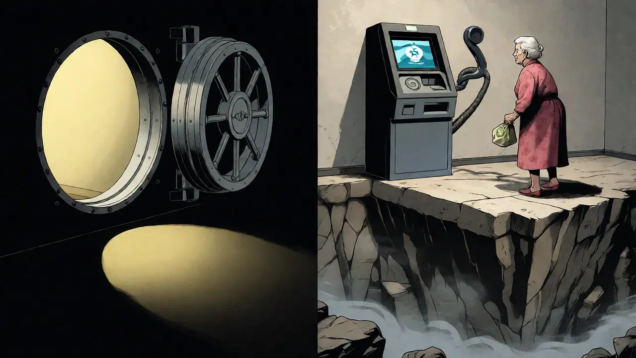 Elderly woman standing on a cliff edge near a crypto ATM, with a snake-like phone symbolizing a scam call.