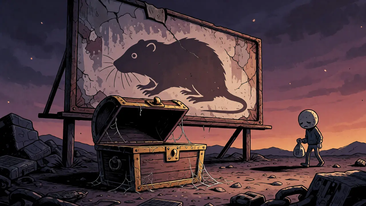 Empty treasure chest and abandoned billboard symbolize the dormant Shrew project.