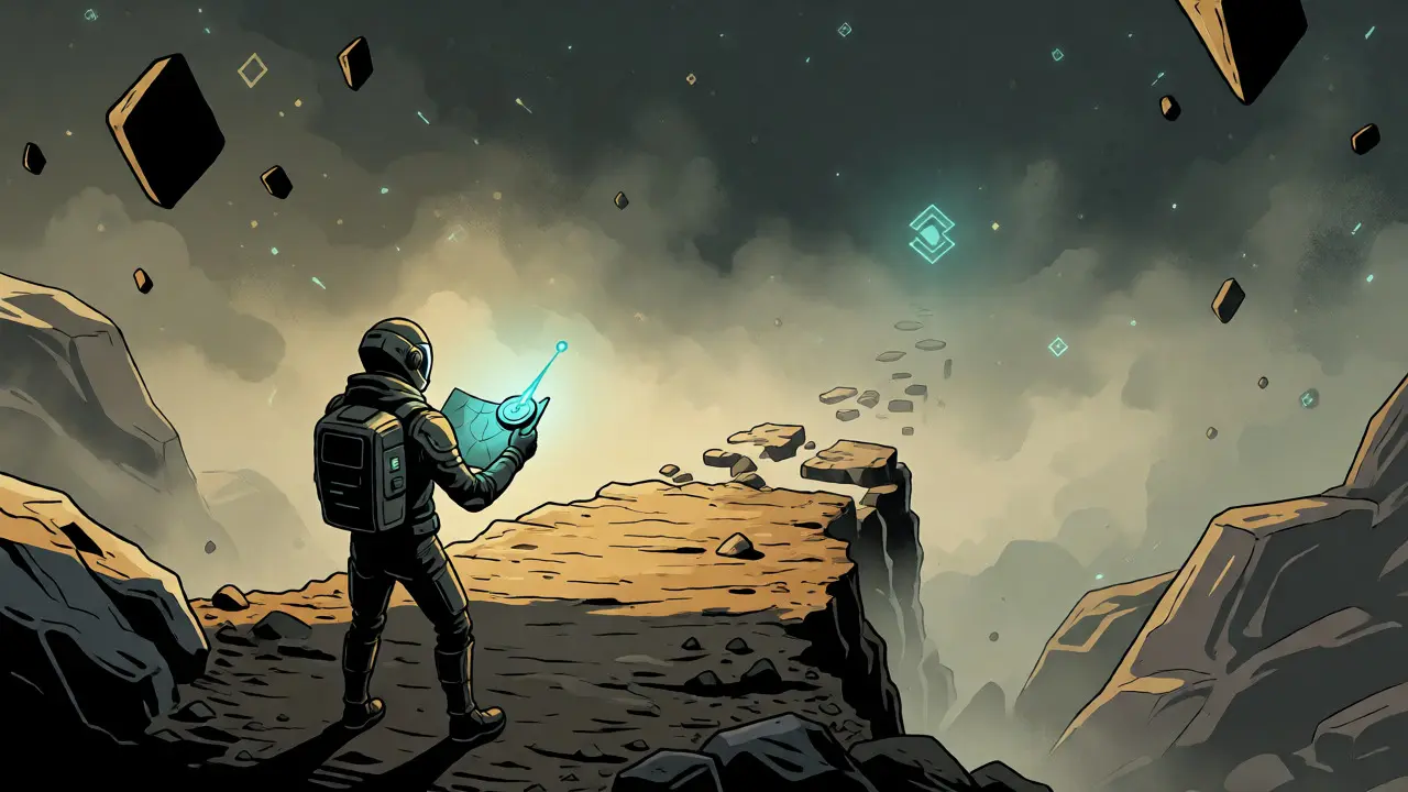Explorer standing at a cliff edge looking into a misty, uncertain digital valley.