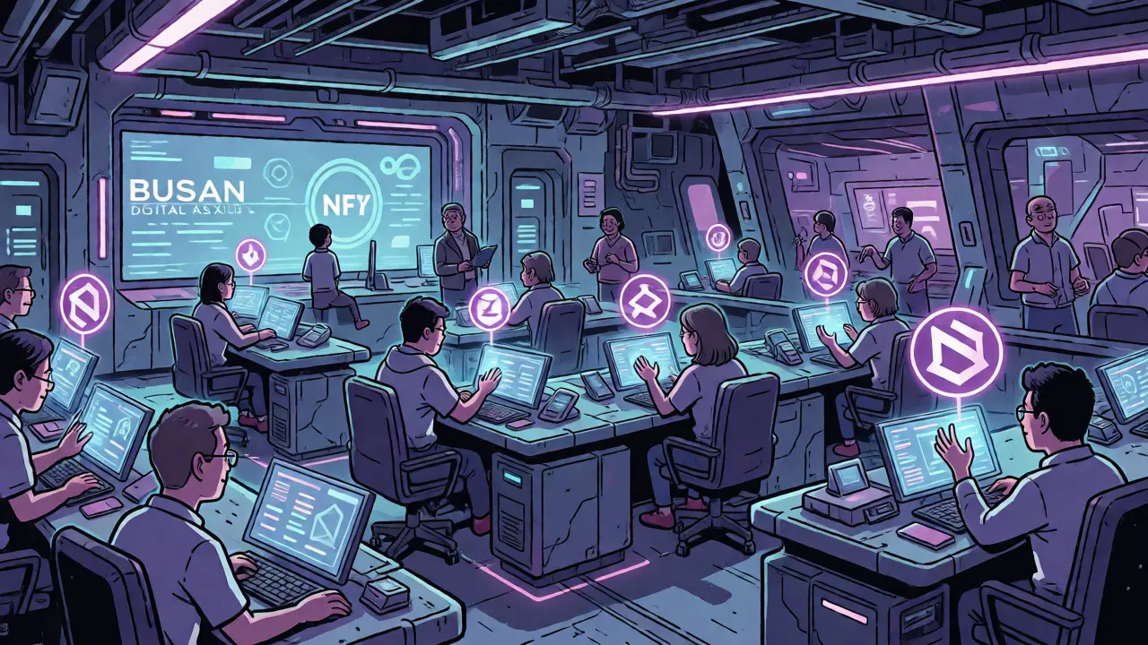 Futuristic cartoon scene of traders managing digital assets in a regulated Busan hub.