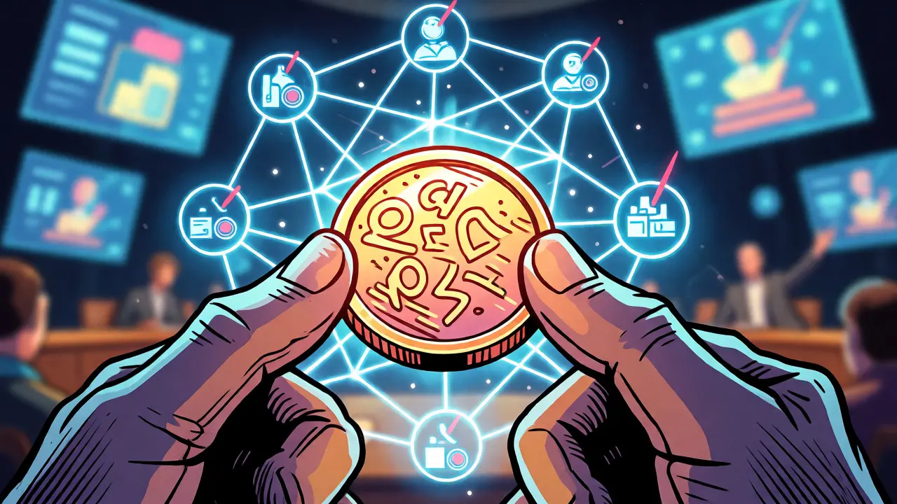 Hands holding a glowing NORA token with a holographic DAO voting network behind.