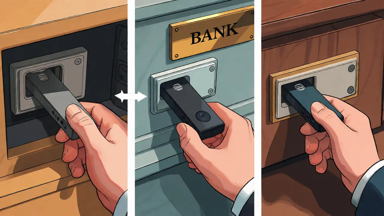 Hardware wallets stored in three different secure locations.