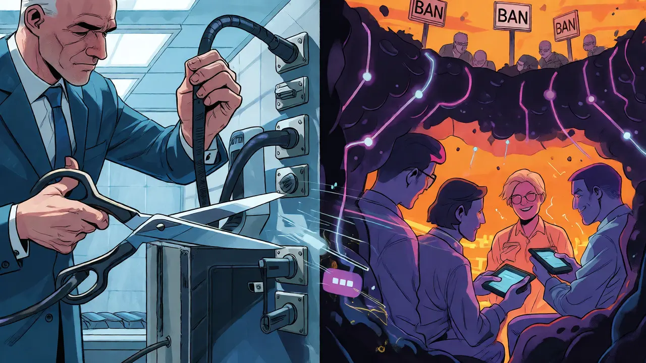 Illustration contrasting state infrastructure cuts with underground peer-to-peer crypto trades.