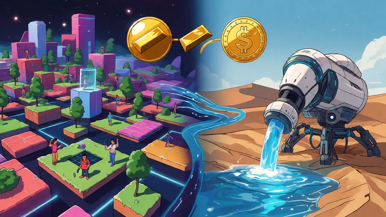 Illustration linking Zamio's metaverse land and desert water extraction charity projects via crypto.