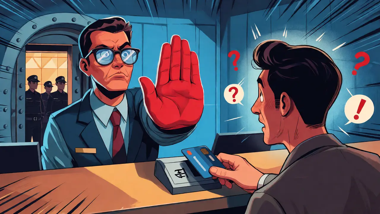 Illustration of a bank teller blocking a client's attempt to transfer funds to a crypto exchange.