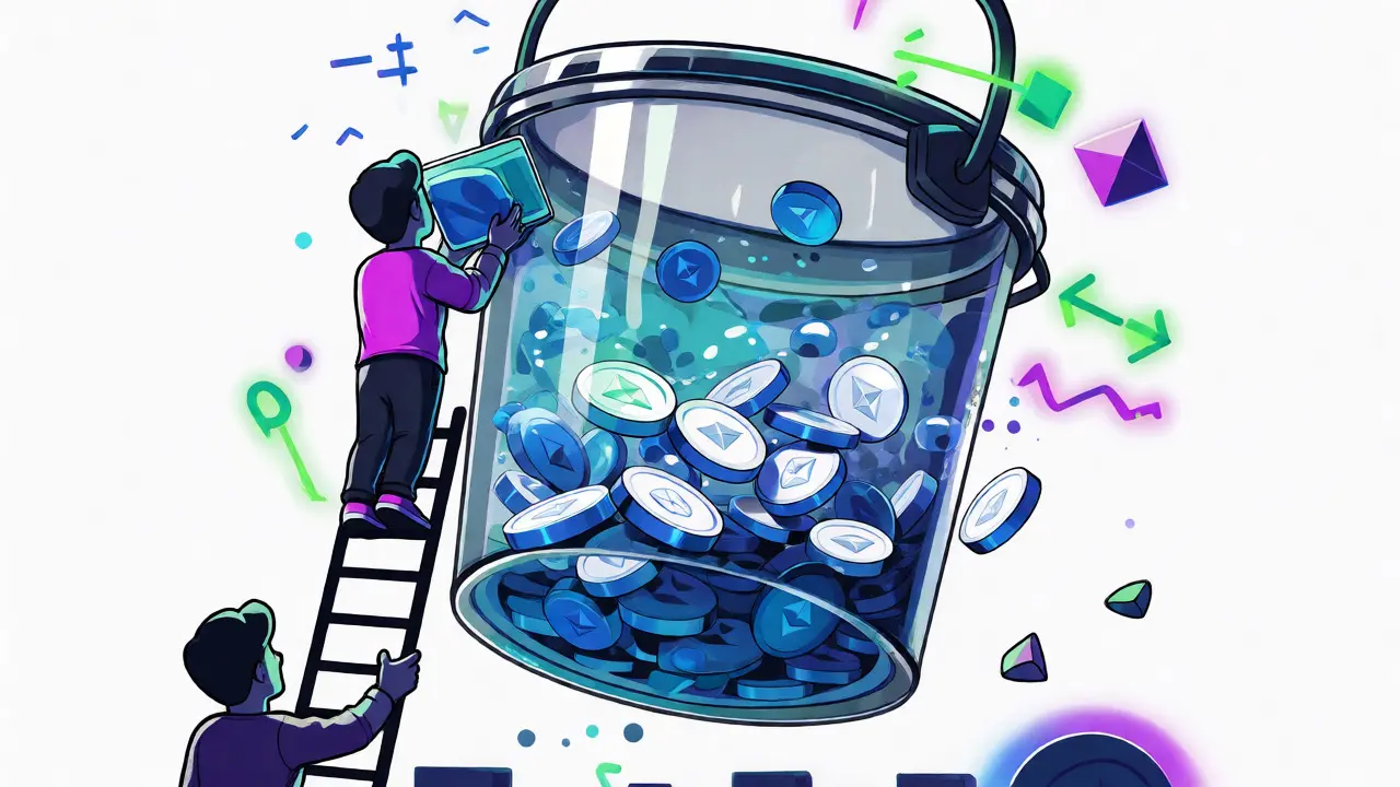 Illustration of a glass bucket mixing tokens to show AMM mechanics.