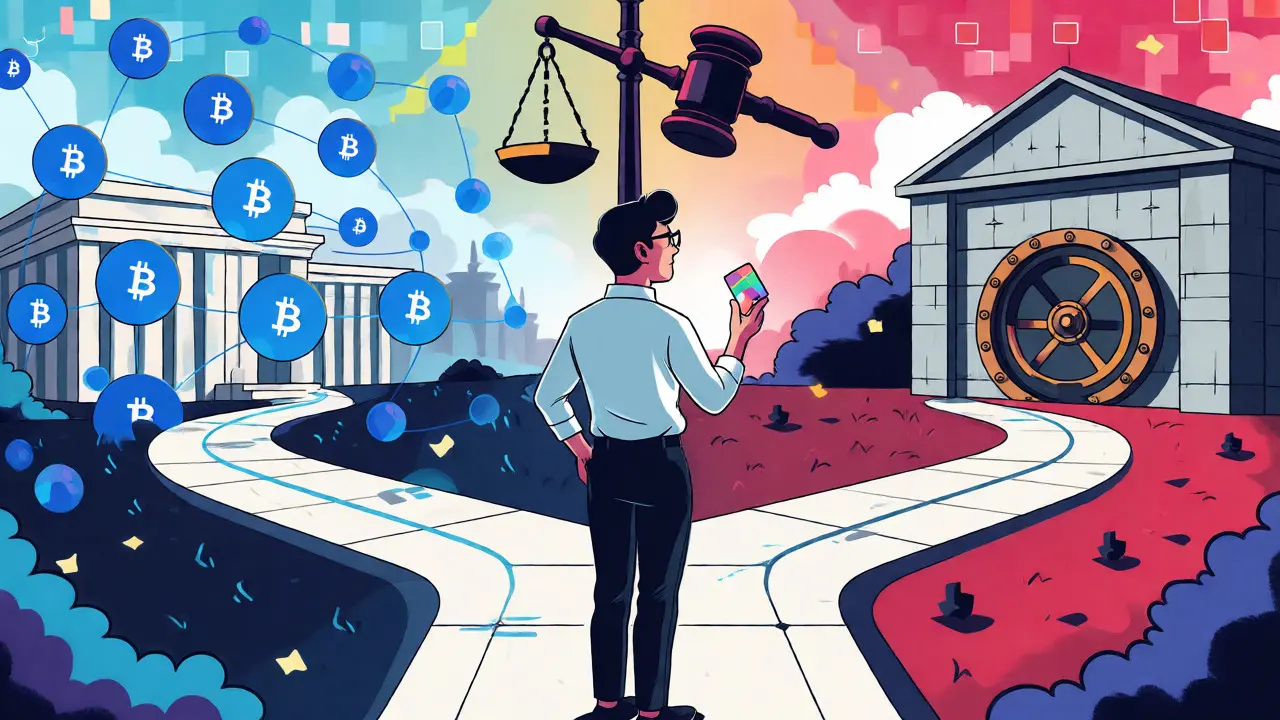 Illustration of an investor choosing between decentralized crypto and centralized exchange tokens