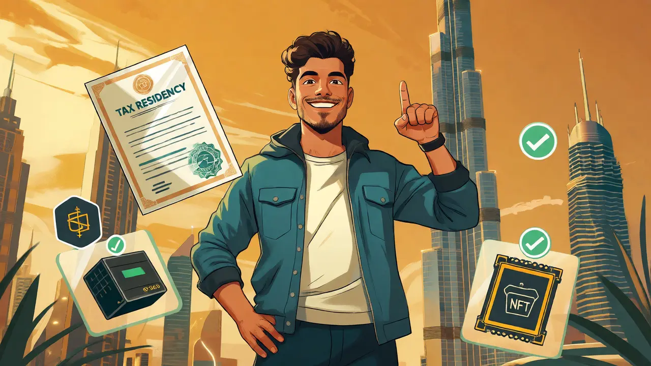 Illustration of resident holding tax certificate in Dubai with floating crypto icons
