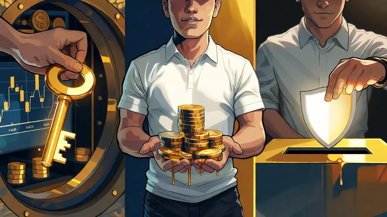 Illustration showing PERRY token utilities: unlocking trading tools, revenue sharing, and governance voting.