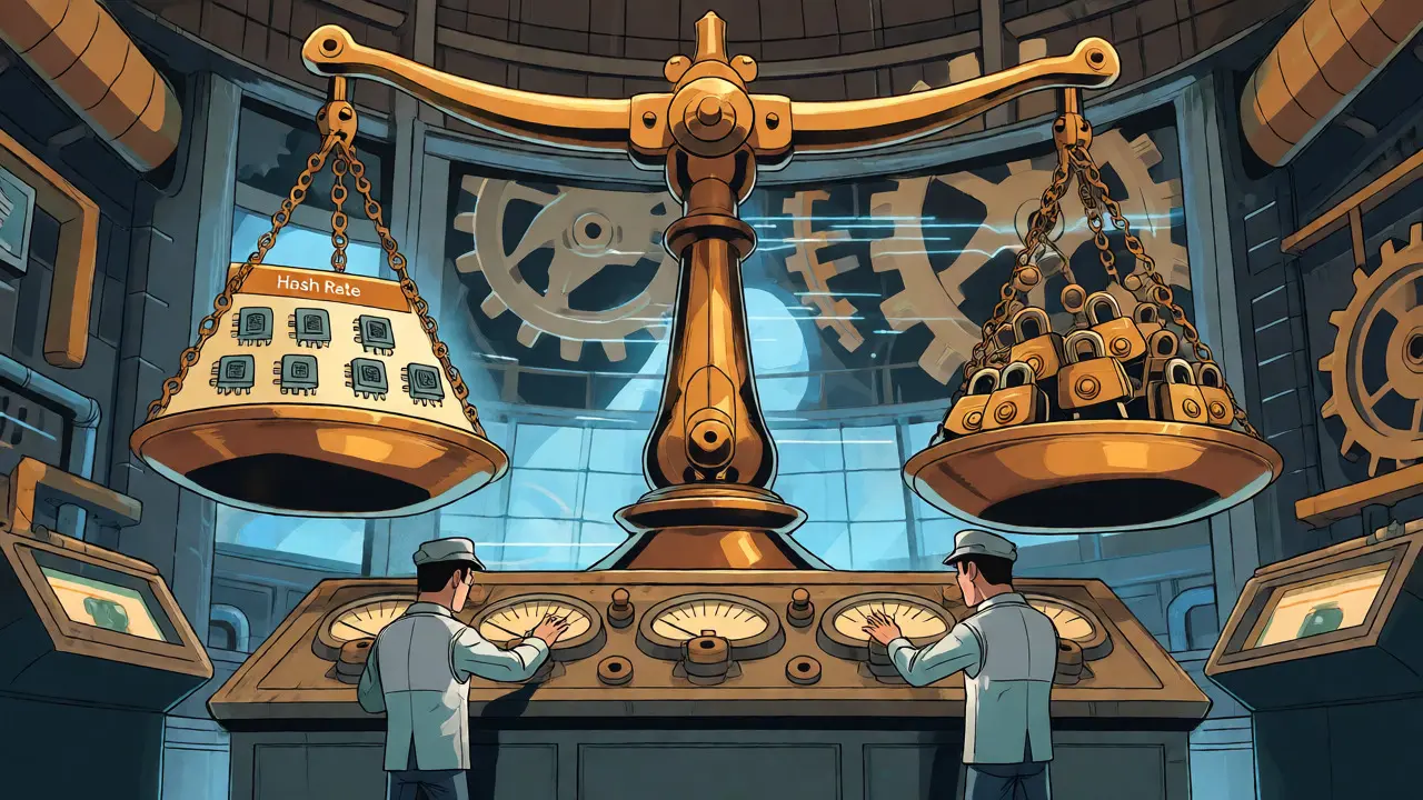 Mechanical scale balancing hash rate and difficulty