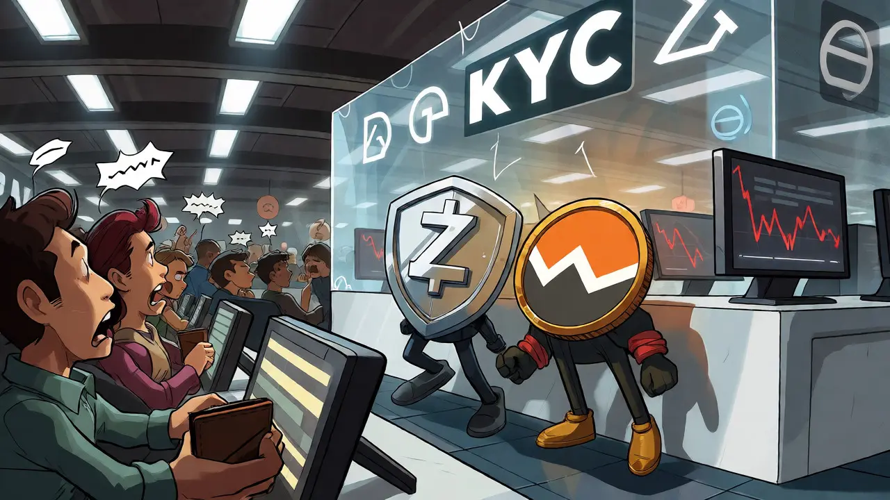 Privacy coin mascots blocked by a KYC compliance wall in a trading hub