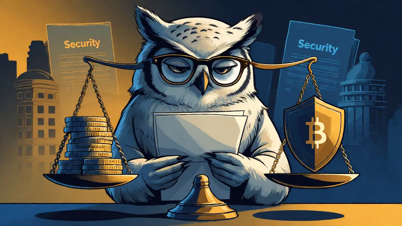 Scales balancing convenience and security with an owl examiner