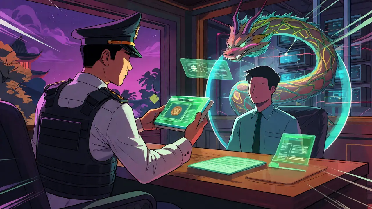 Security guard checking digital IDs amid cyber-protected servers