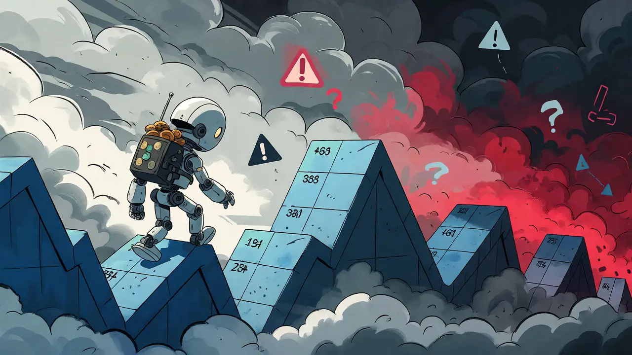 Small robot navigating risky jagged price chart terrain in comic art