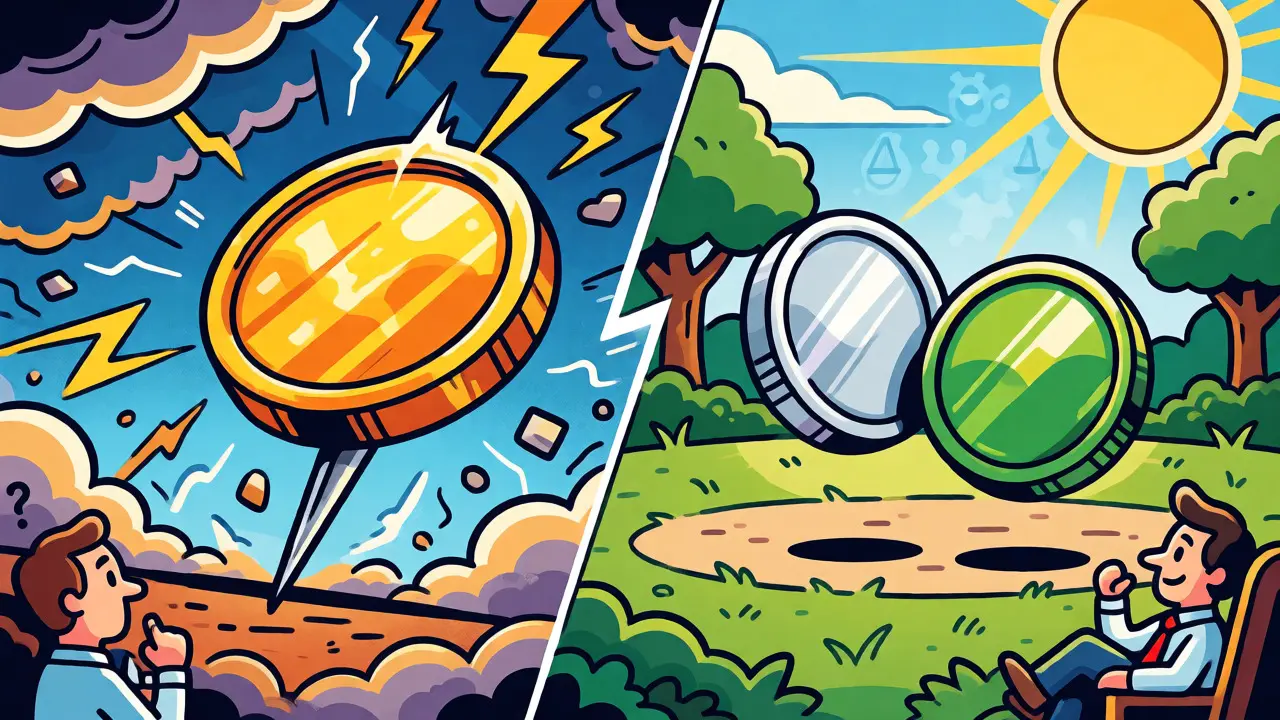 Split-screen cartoon comparing volatile single-token vs stable dual-token models