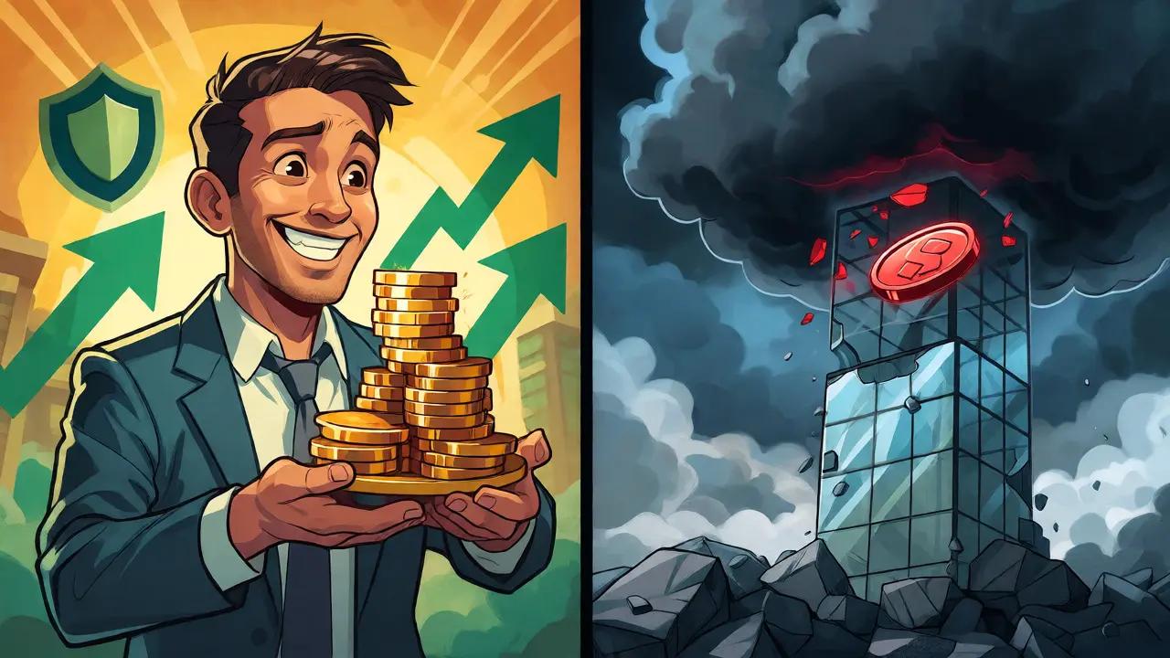 Split-screen comic art contrasting fee savings benefits with FTX collapse risks