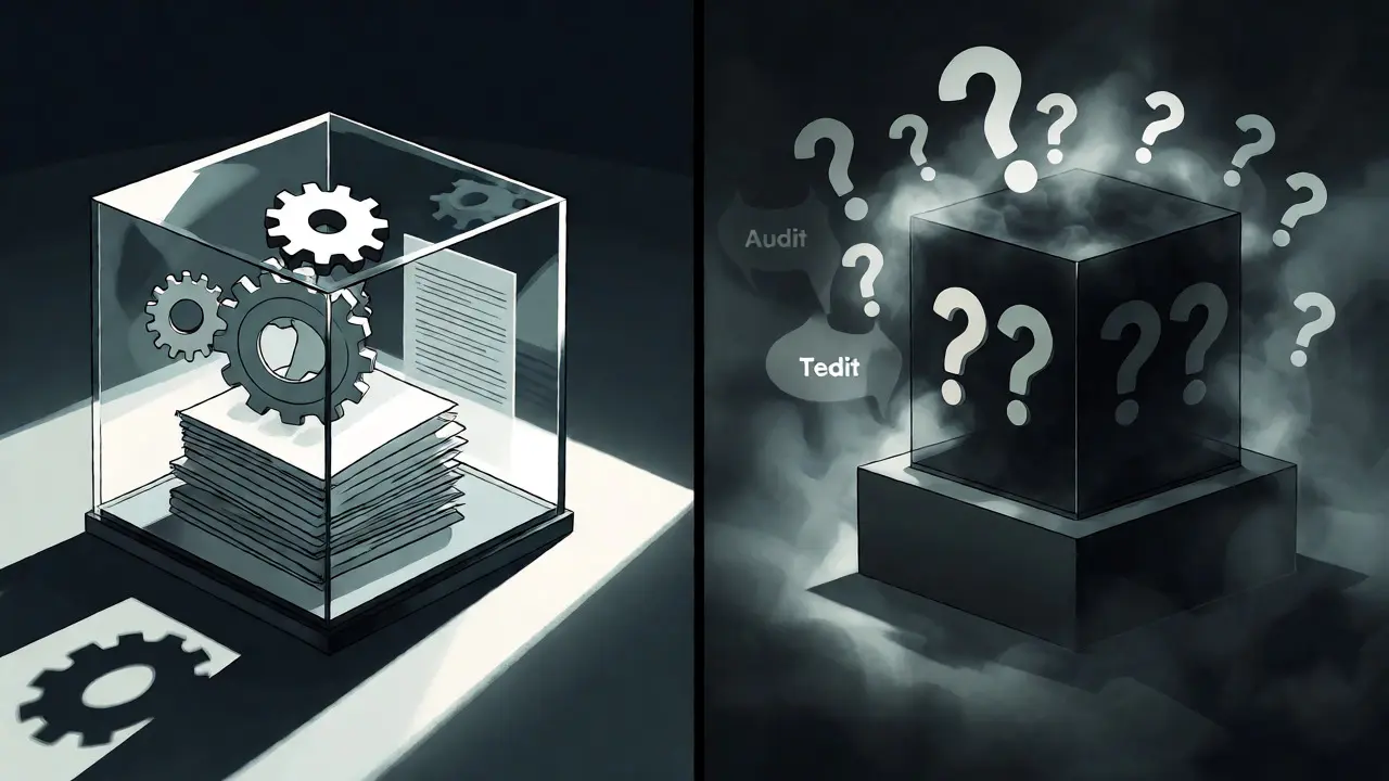 Split view comparing a transparent audited system with an opaque mystery box