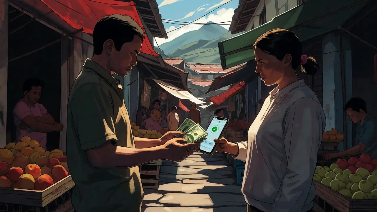 Street market scene showing a peer-to-peer cash-for-crypto exchange in a shadowy alleyway.