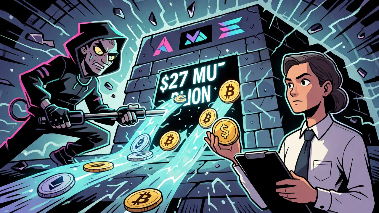 Stylized comic art showing a hacker stealing crypto from a vault while an agent offers compensation.