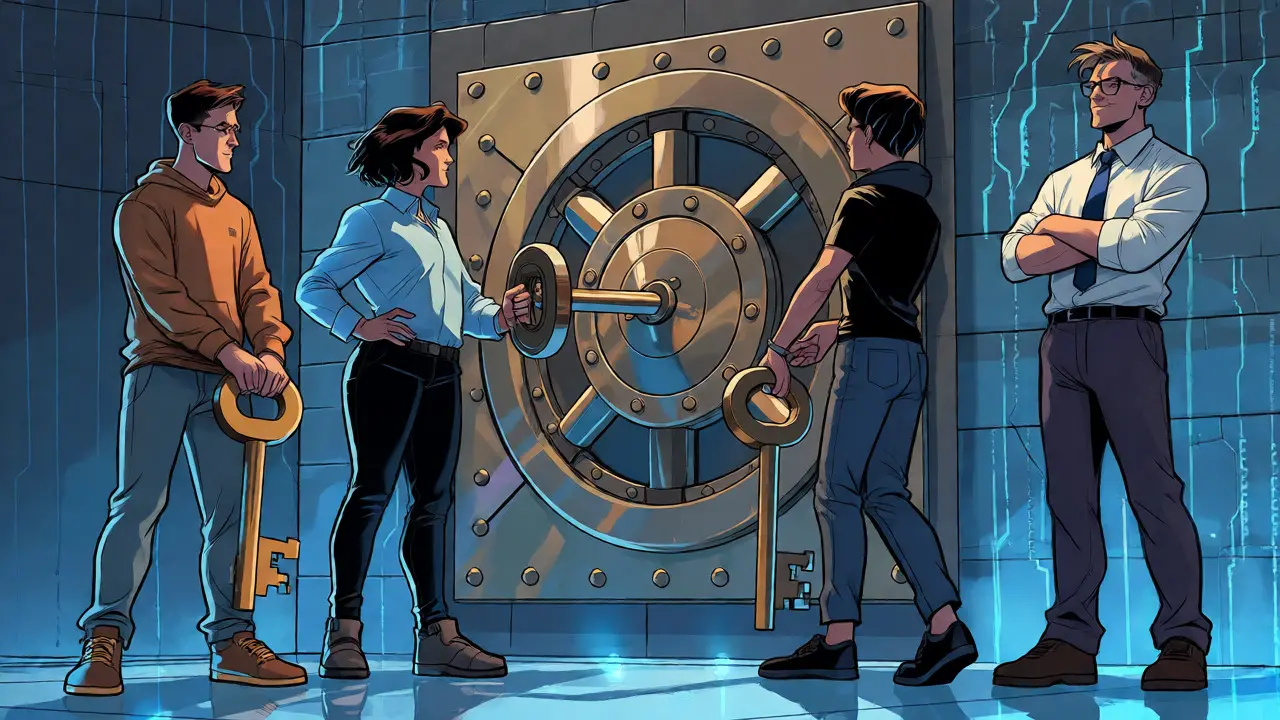 Three figures unlocking a vault with two keys in a multisig setup.