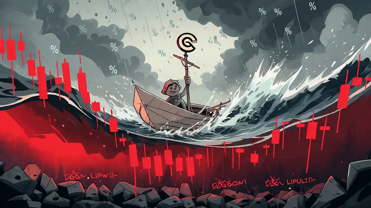 Tiny boat navigating volatile CELT market crash waves.