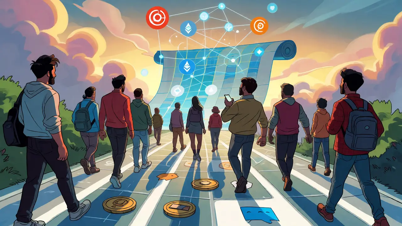 Users engaging with Swaperry roadmap featuring cross-chain integration and community-driven rewards.